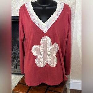 POL Red Long Sleeve Top with Lace Accents